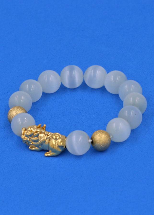 Vòng tay Đá Mắt Mèo Trắng 12 ly - cẩn Tỳ Hưu Phong Thủy inox vàng VMETTHHBV12 - hợp mệnh Kim, mệnh Thủy