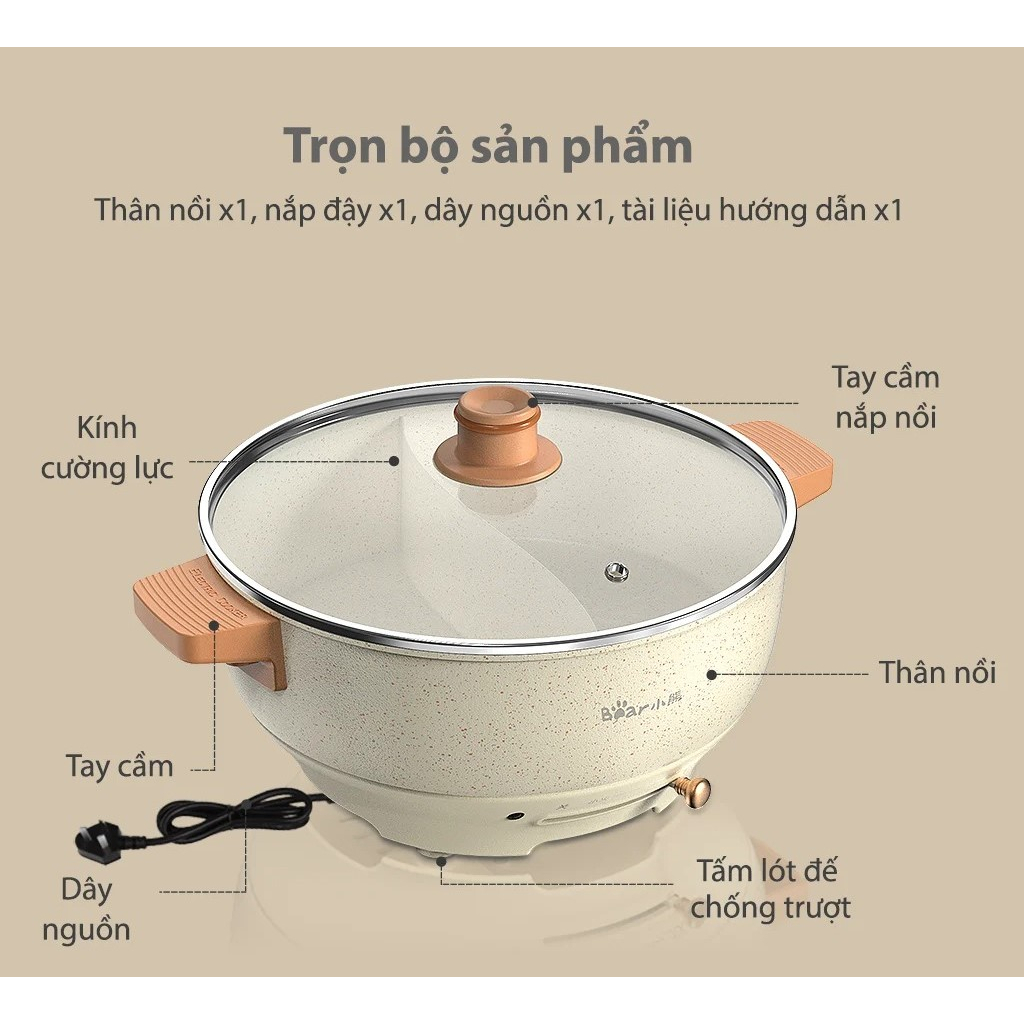 Nồi lẩu điện 2 ngăn uyên ương Bear DHG-C50K1, dung tích 5L, lòng nồi chống dính - HÀNG CHÍNH HÃNG