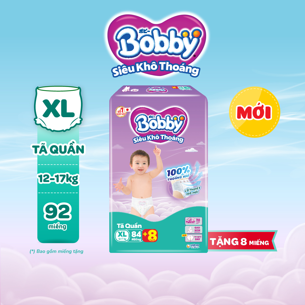 [TẶNG KÈM 8 MIẾNG] Tã quần Bobby Siêu Khô Thoáng - 100% Thoáng Khí Mega Jumbo