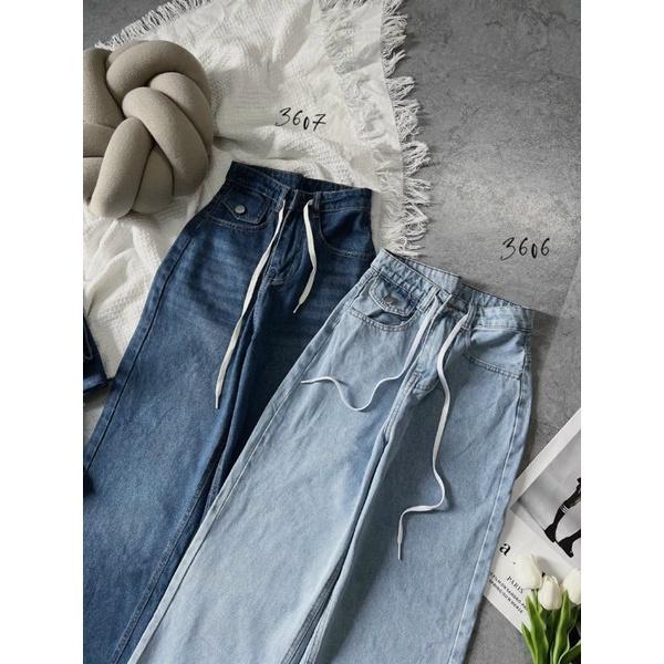 Quần baggy jean nữ ống suông lưng cao dây rút