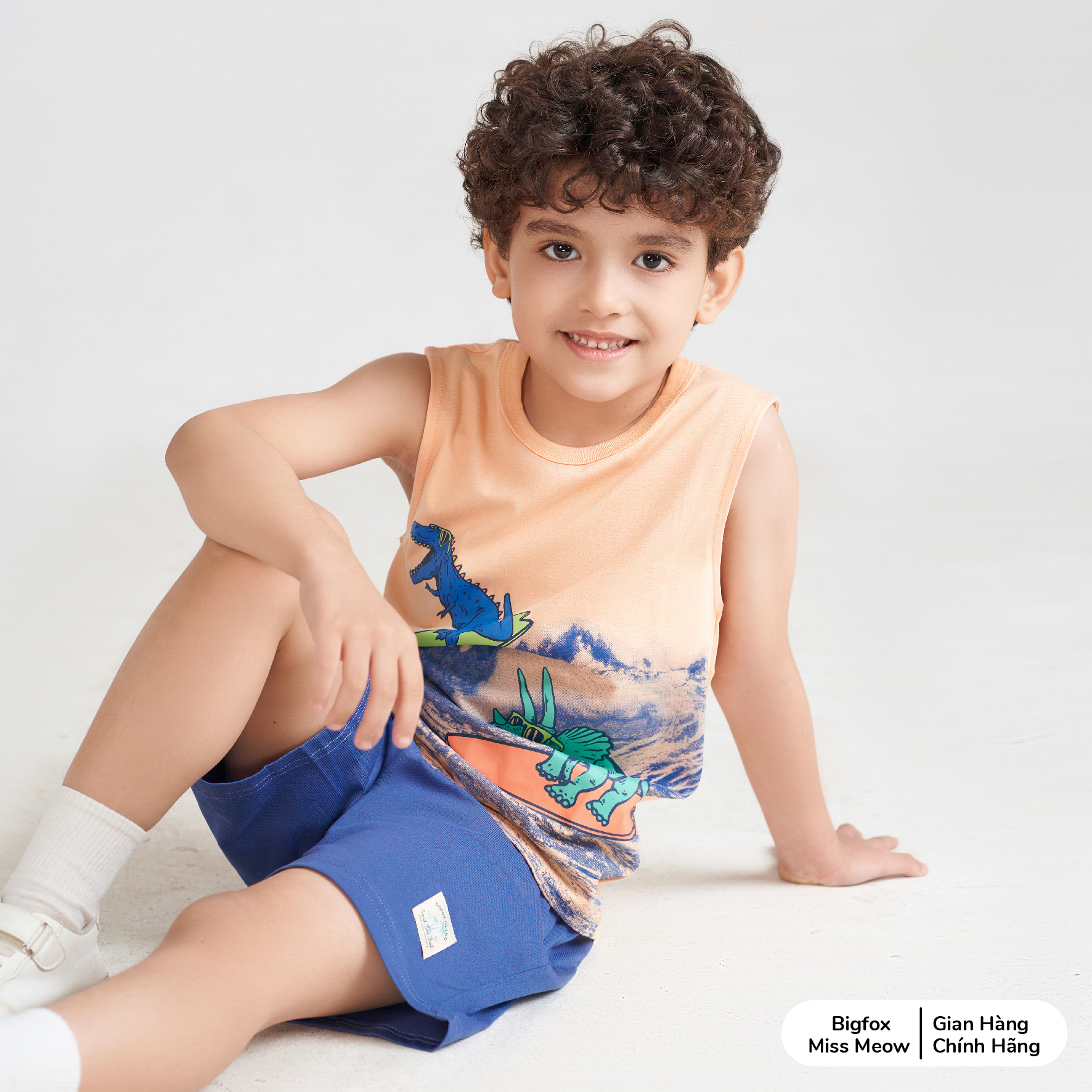 Bộ sát nách bé trai Bigfox Miss Meow mùa hè kiểu ba lỗ chất cotton in khủng long size đại 3,9,11 tuổi 25kg 40kg.1926