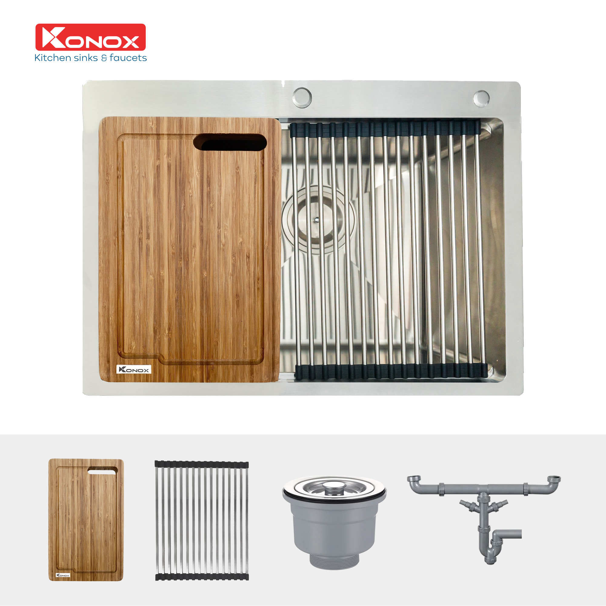 Chậu rửa bát inox Konox, Topmount Series, Model KN8050TS, inox 304 AISI tiêu chuẩn châu Âu, Hạ bậc tích hợp, 800x500x228(mm), Hàng chính hãng