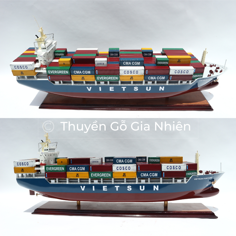 Mô Hình Thuyền Gỗ Phong Thủy Gia Nhiên, Thuyền Container Gỗ VIETSUN FOTUNER, Dài 70cm, Thuyền Xuất Khẩu Cao Cấp