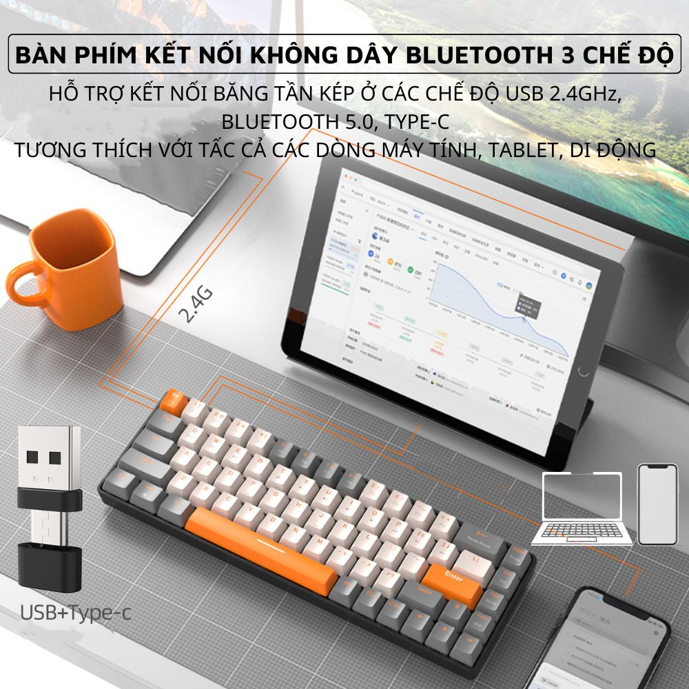 Bàn Phím Cơ Bluetooth Không Dây K68BT Trục Cơ Red Switch Gõ Cực Đã Có Hotswap Kết Nối Máy Tính / Điện Thoại / Tablet - Hàng chính hãng