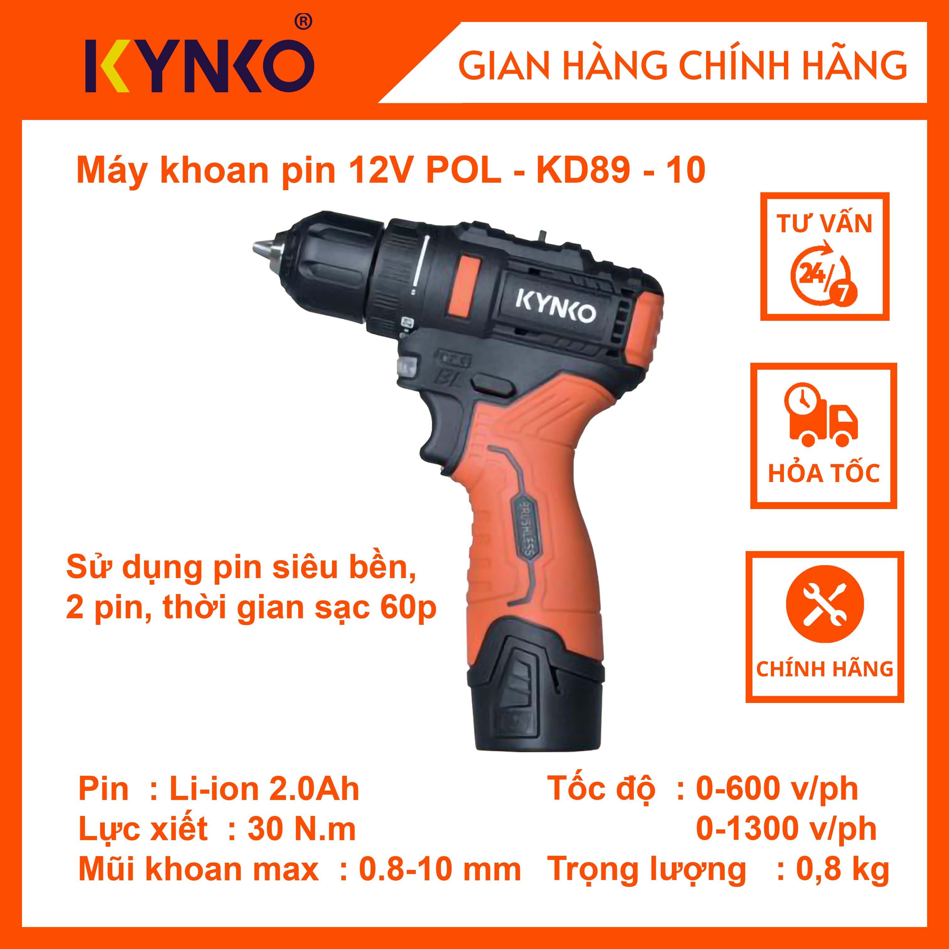 Máy khoan pin Kynko 12V POL-KD89-10 cầm tay giá tốt chính hãng Kynko POL-KD89-10 #6891