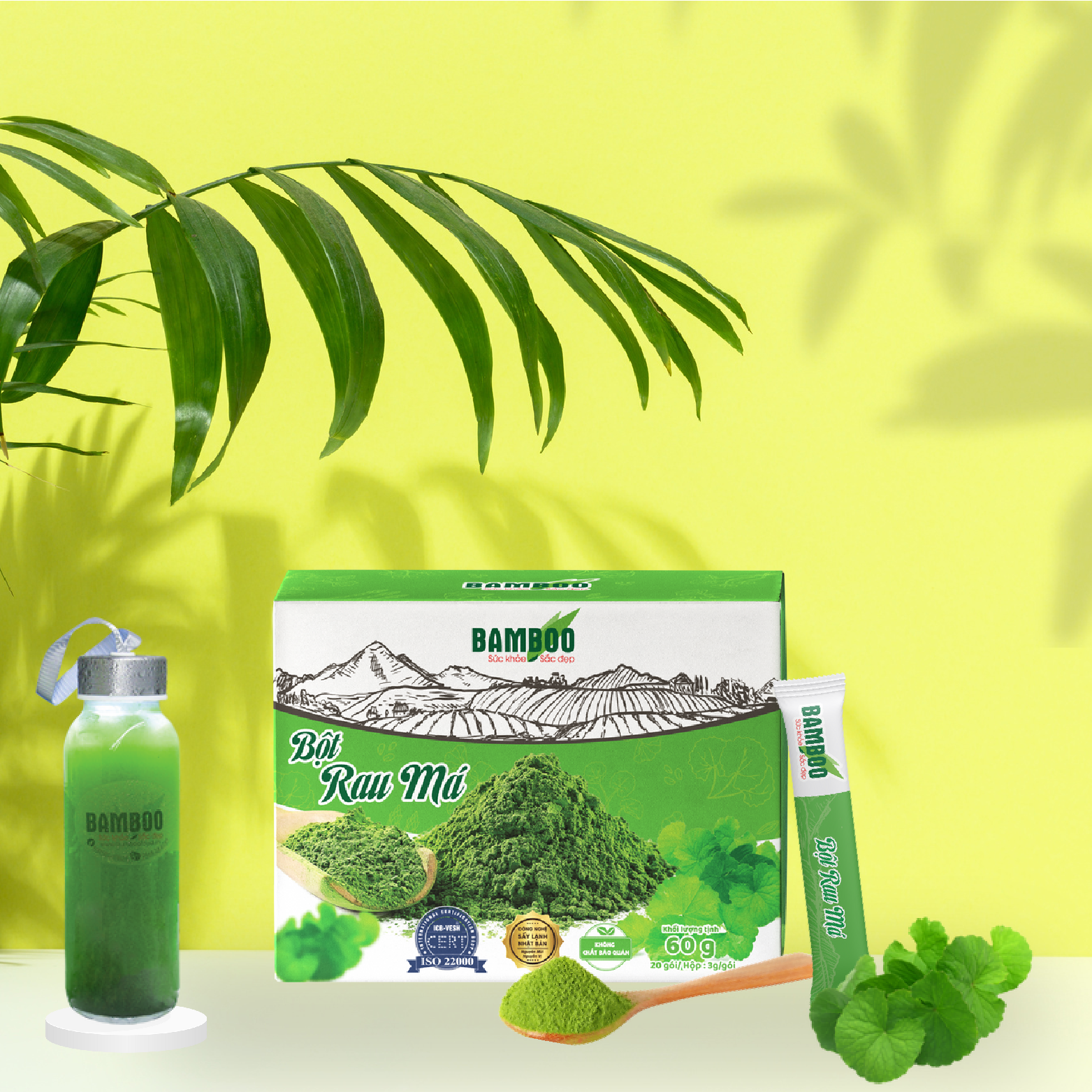 Bột rau má Bamboo nguyên chất, siêu mịn hộp 60g/ 20 gói