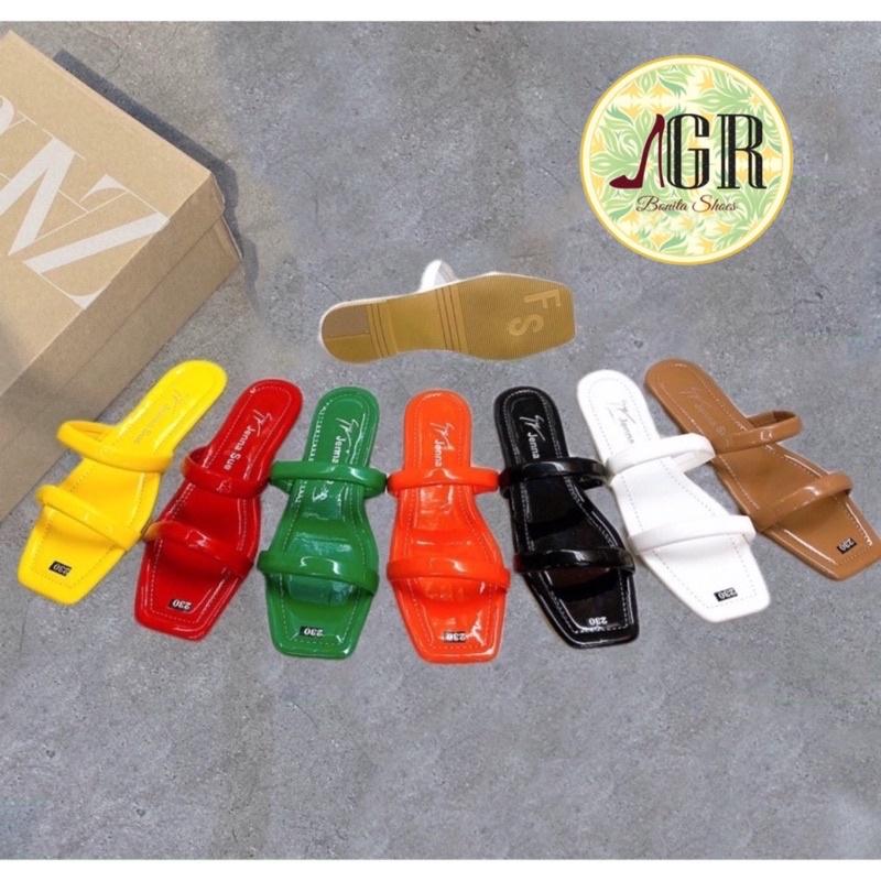 Dép 2 quai ngang da bóng mũi vuông