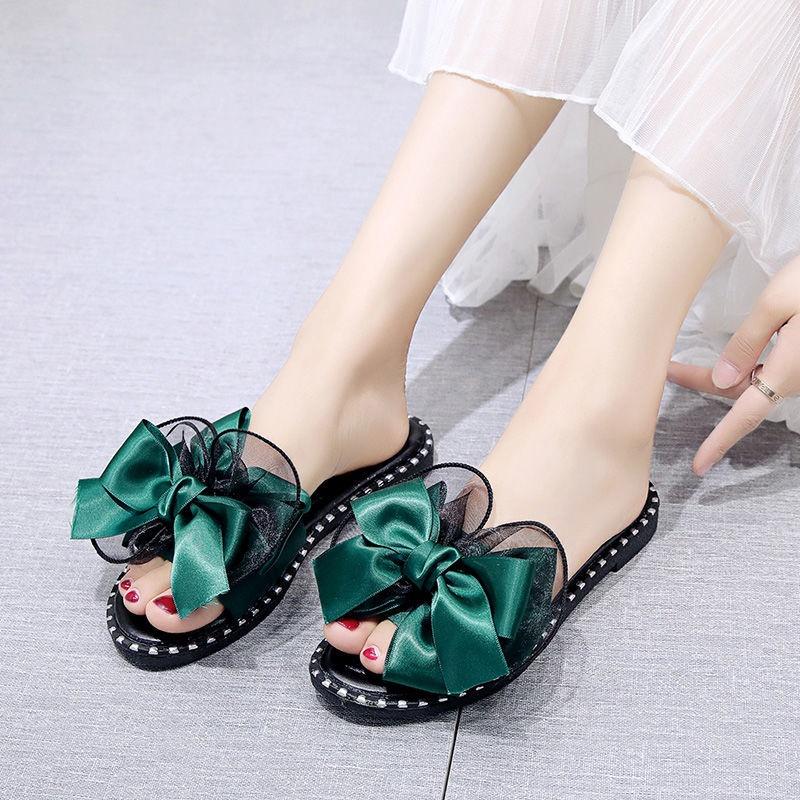 Slippers women wear 2022 summer new Korean version of students' bow tie one-word slippers flat-soled sandals