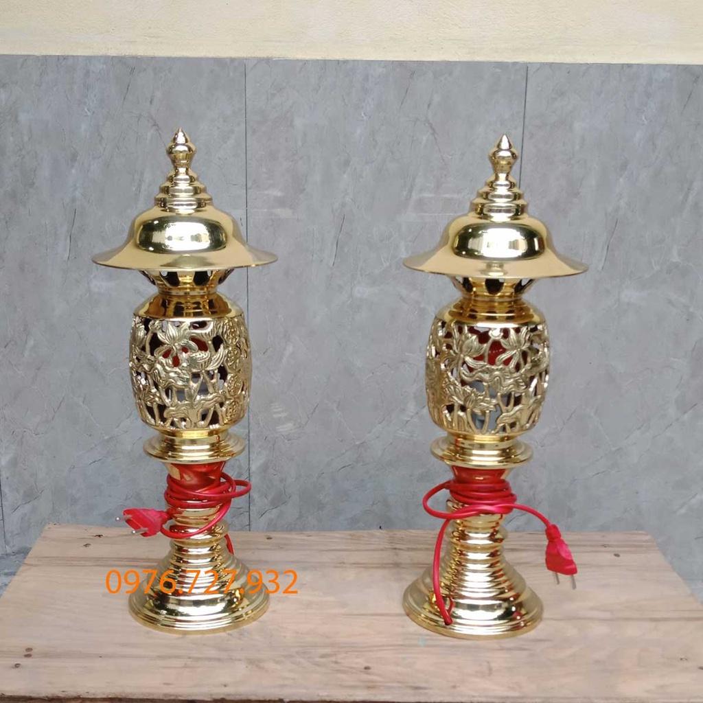 Đôi đèn thờ bằng đồng mẫu hoa sen cao 42cm, đèn thờ bằng đồng