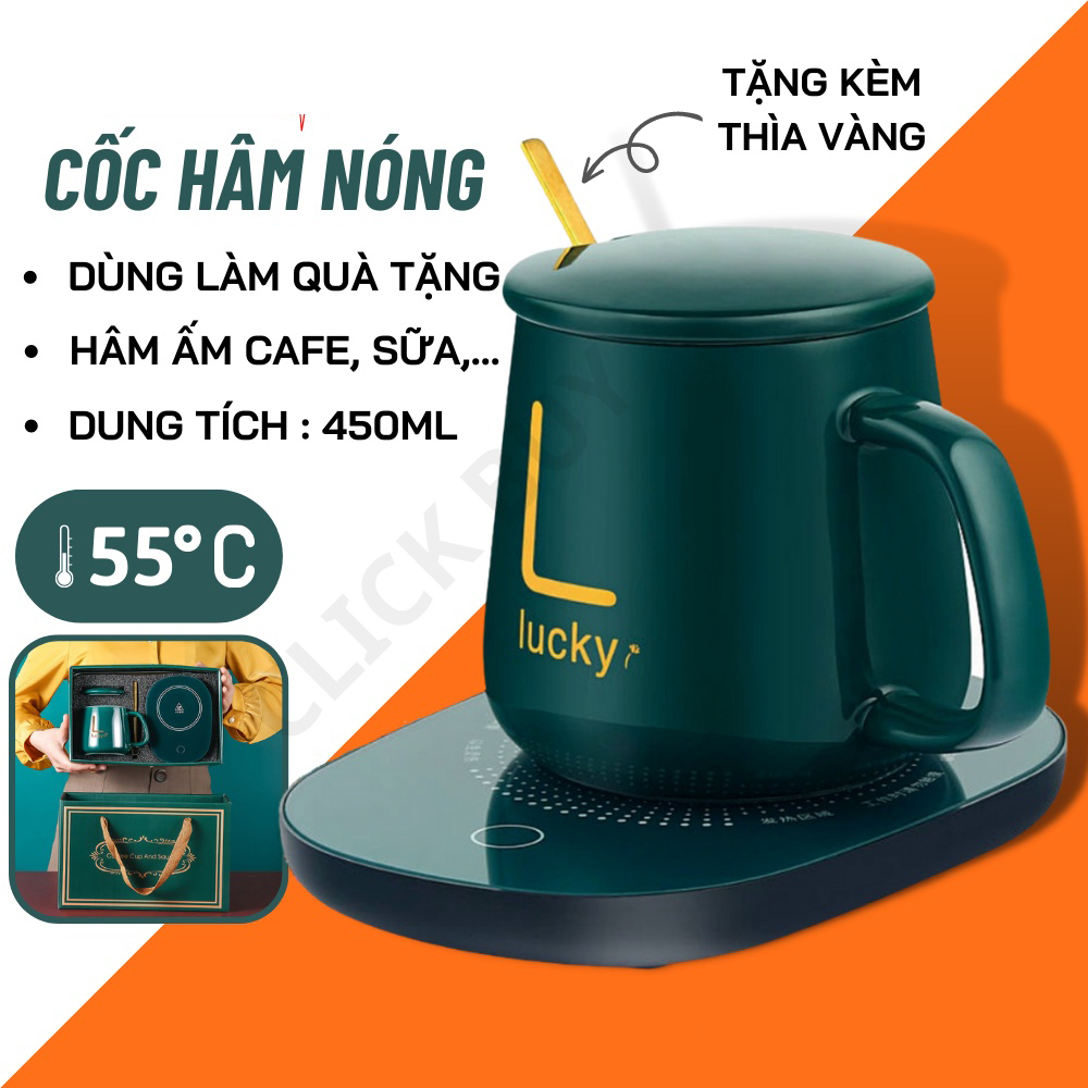 Cốc hâm nóng giữ nhiệt Lucky ly sứ , cốc chưng yến ,đa năng ,kèm đế và thìa mạ vàng cao cấp Hàng Chính Hãng nhập khẩu