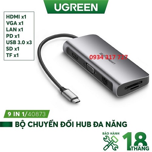 Hub chuyển TypeC 40873 sang 3 USB 3.0 + HDMI + VGA + LAN + SD TF + PD sạc TYPE C - hàng chính hãng