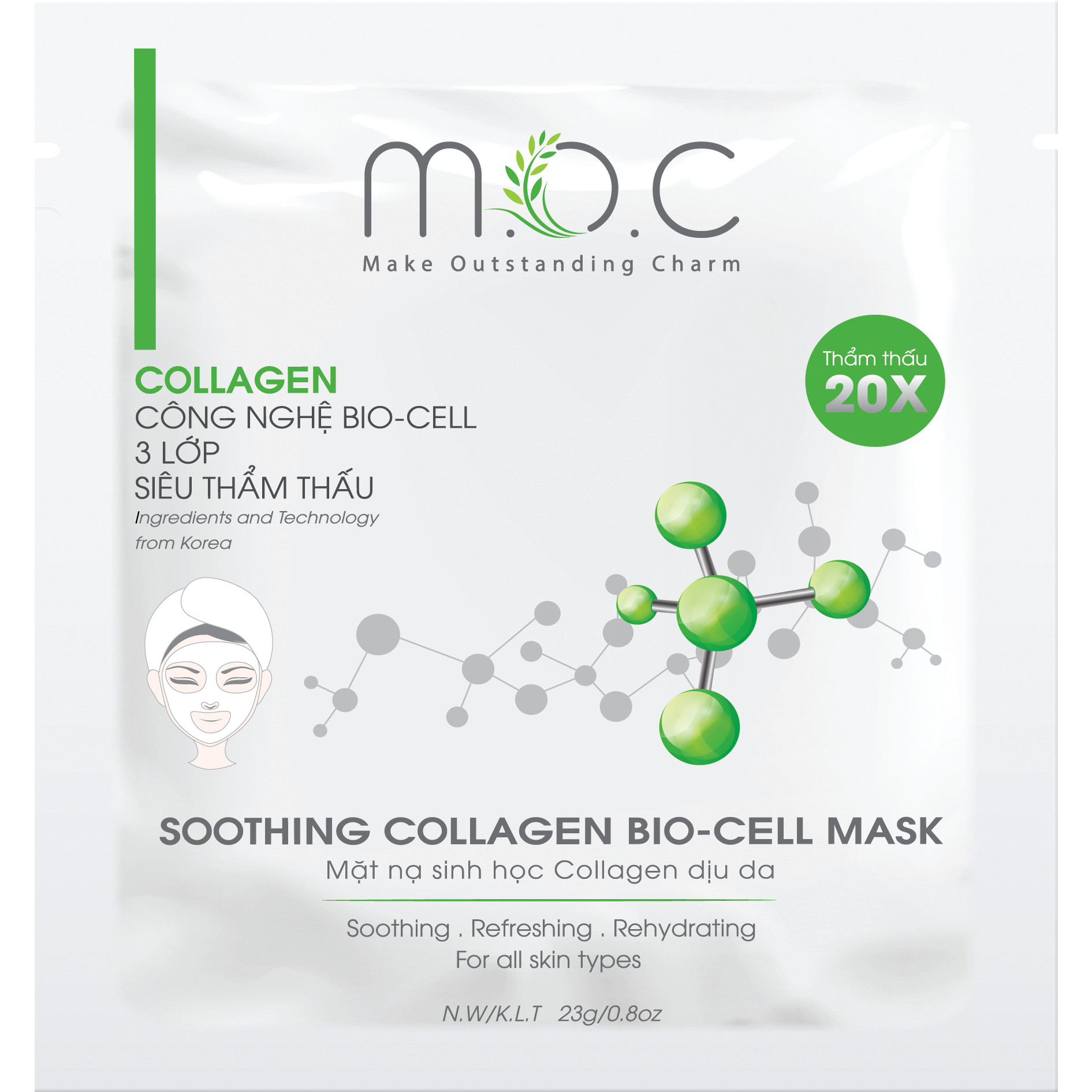 Miếng Mặt Nạ Collagen Dịu Da M.O.C - Nuôi da bóng khỏe, căng mượt & săn chắc. Lý tưởng cho da mụn, da nhiễm Corticoid, da khô, da sau phi/lăn kim