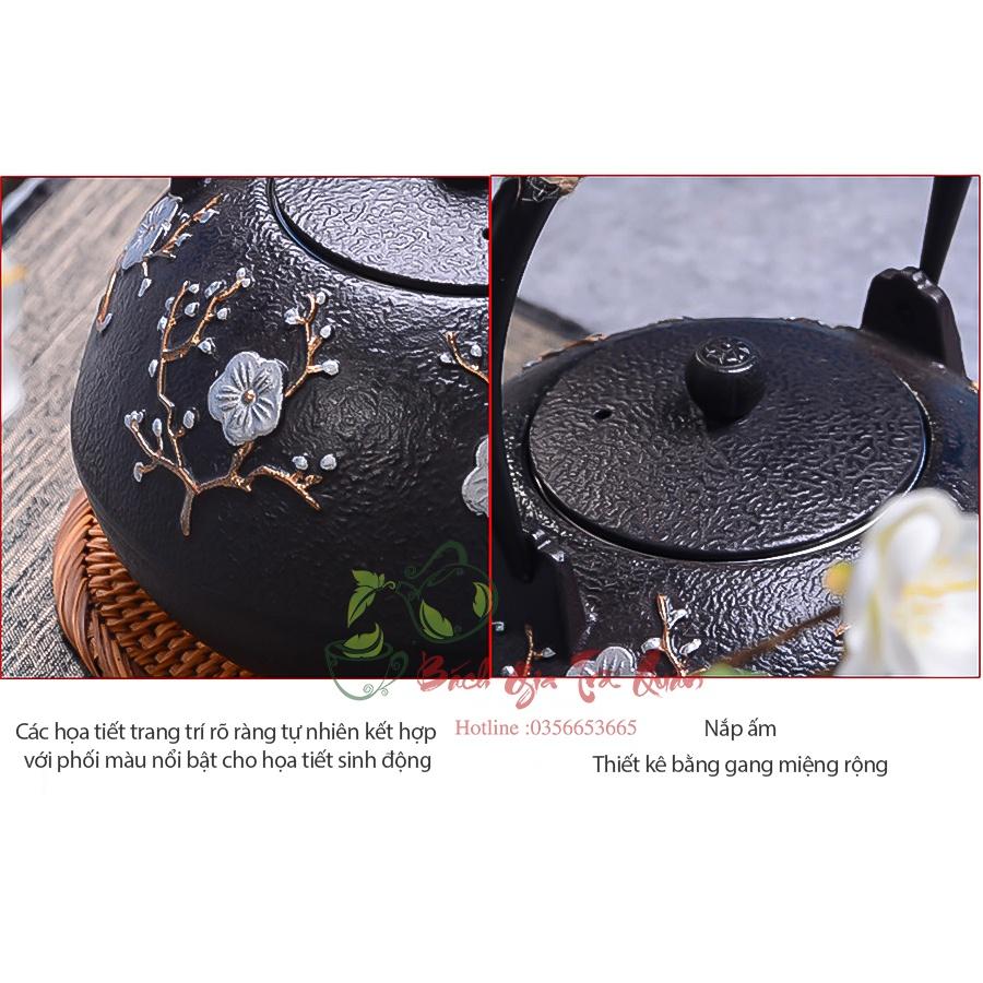 Ấm Gang Tetsubin - Quai Gang Quấn Dây Cói - Họa Tiết Én Báo xuân - Dung Tích 1200ml