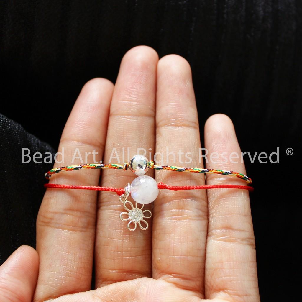 Vòng Tay Thắt Dây Đá Moonstone, Đá Mặt Trăng Tự Nhiên Ánh Cầu Vồng Và Bạc 925, Đỏ - Ngũ Sắc, Mệnh Kim, Thuỷ, Vòng Tay Phong Thuỷ - Bead Art