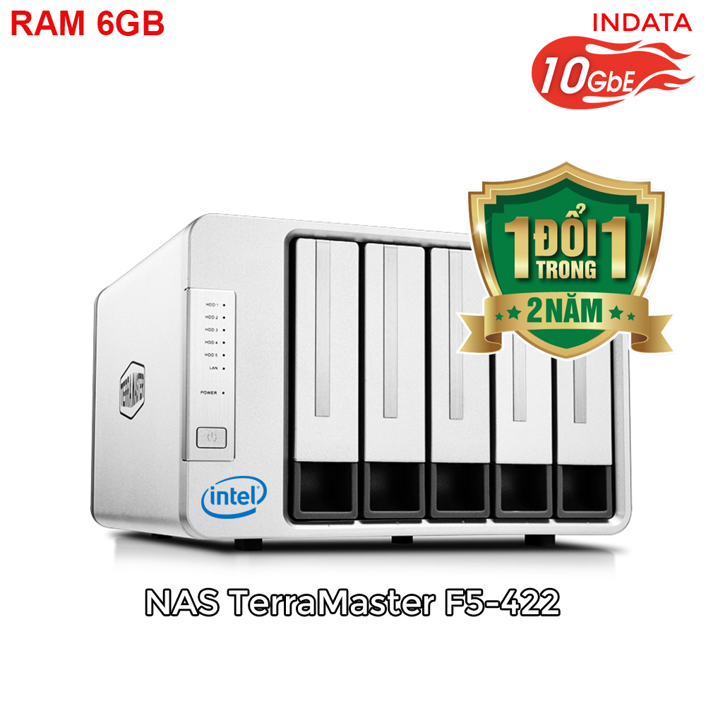 Bộ lưu trữ mạng NAS TerraMaster F5-422, LAN 10Gbps, Intel Quad-Core 1.5GHz, 6GB RAM, 670MB/s, 5 khay ổ cứng RAID 0,1,5,6,10,JBOD,Single - Hàng chính hãng