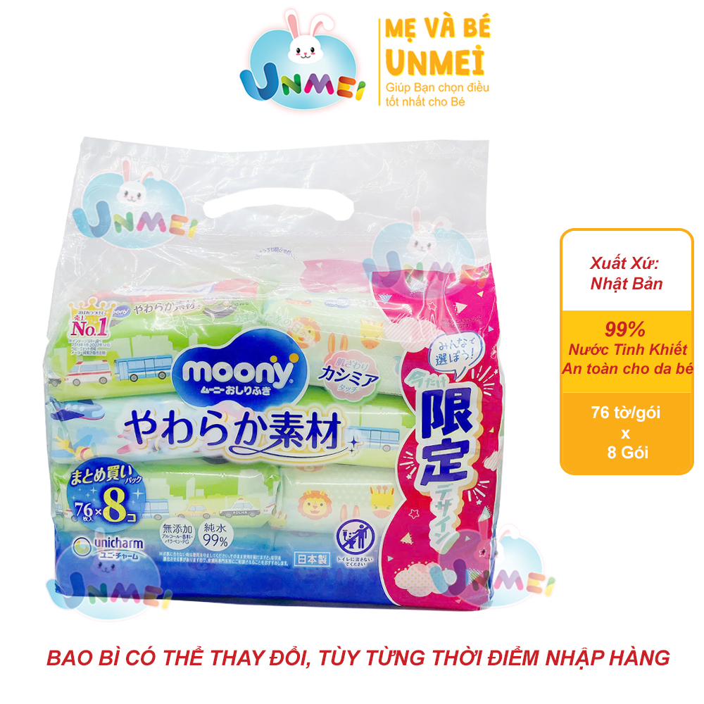 Set 8 Gói Khăn Ướt, Khăn Giấy Ướt Moony Không Mùi 99 Nước Tinh Khiết 76 Tờgói, An Toàn Cho Trẻ Sơ Sinh