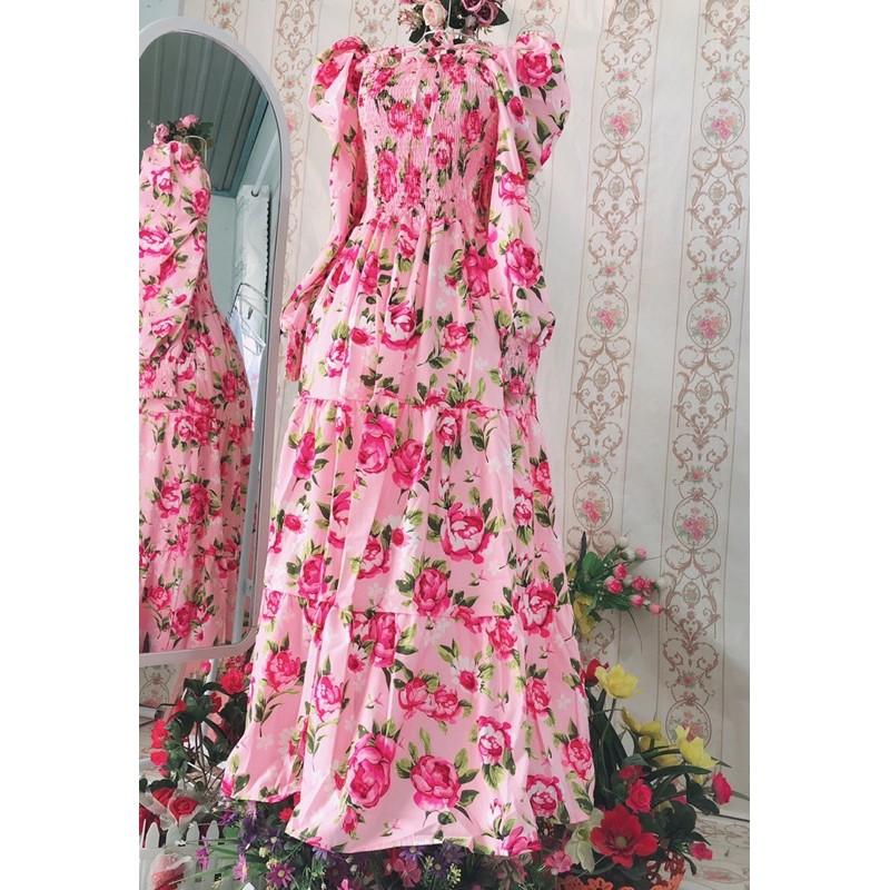 ĐẦM MAXI TAY PHỒNG HOA HỒNG SANG CHẢNH