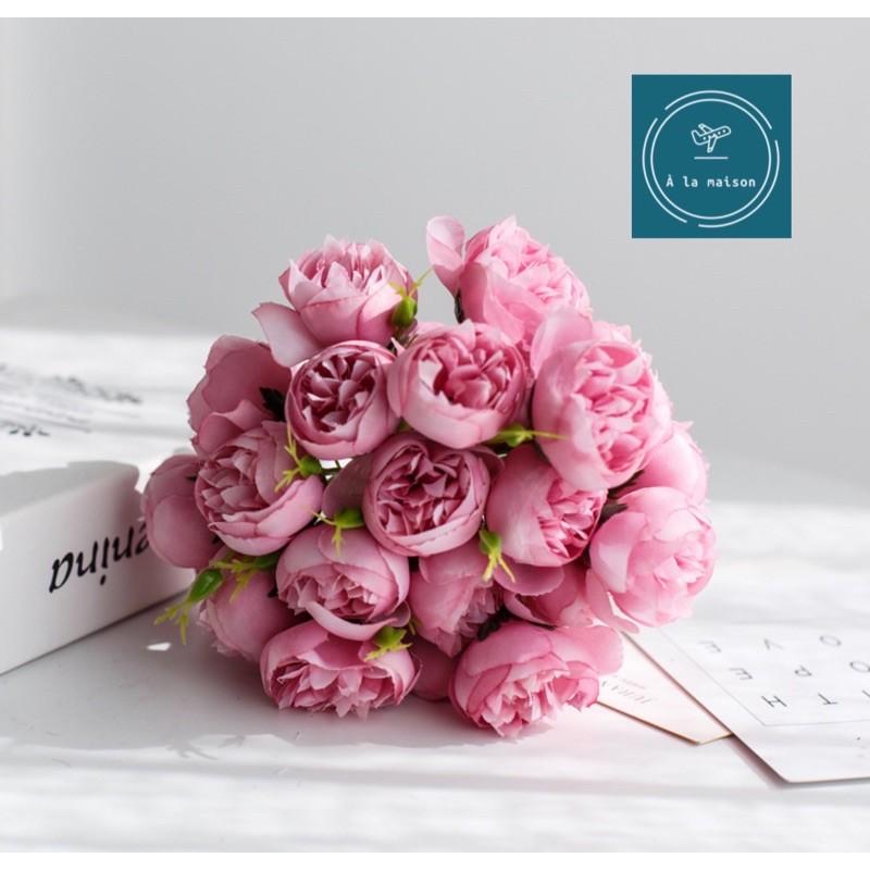 Hoa giả - Bó hoa hồng trà 28cm từ lụa cao cấp, hoa cô dâu, hoa decor