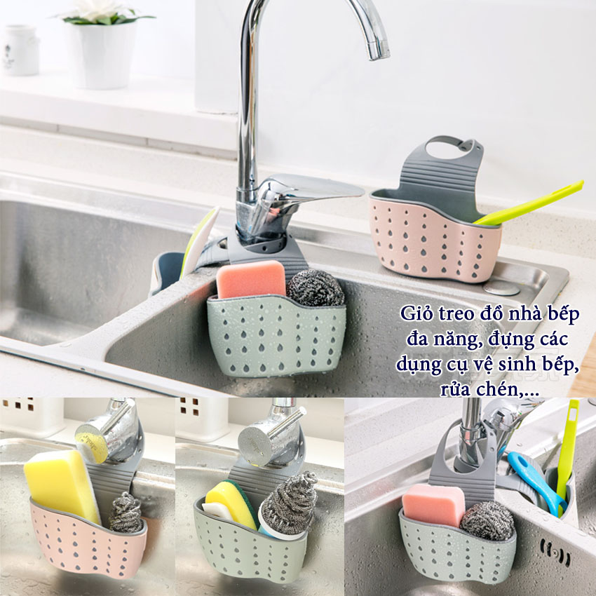 Giỏ đựng đồ rửa chén bát đa năng NASI bằng nhựa dẻo 2 lớp dày bền chắc có quai treo để ở bồn rửa chén hoặc treo móc trên tường