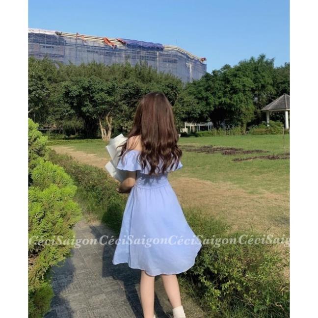 Đầm bẹt vai bèo xanh nhún lưng