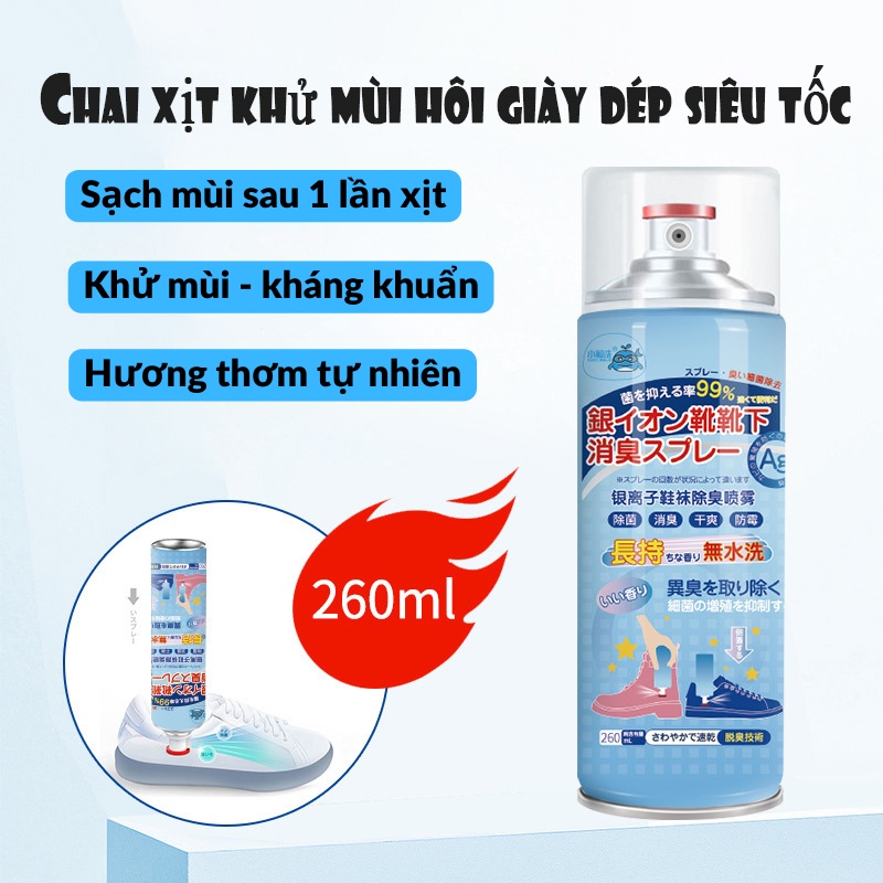 Chai Xịt Khử Mùi Hôi Giày và Tất 260ml, Công Nghệ Nano Bạc Khử mùi diệt vi khuẩn hiệu quả