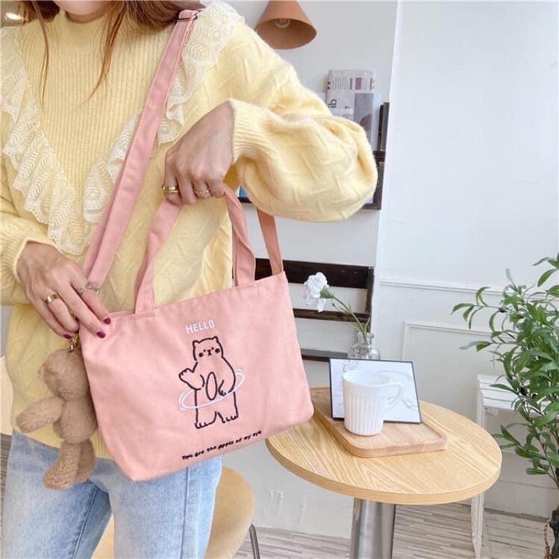 Túi Tote Túi Vải Canvas đeo chéo HelloGau thêu có dây kéo và ngăn phụ