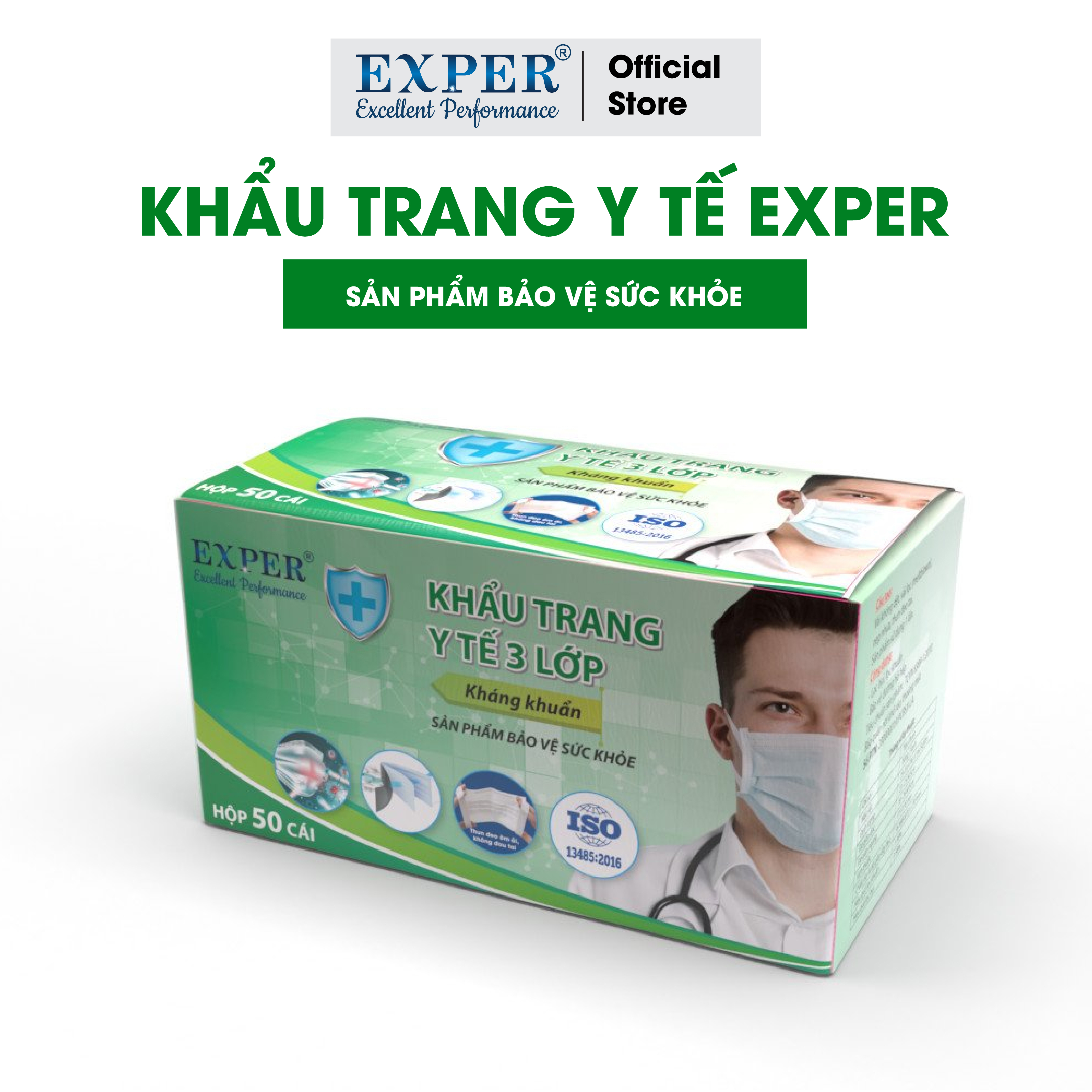 Khẩu trang y tế EXPER 3 lớp kháng khuẩn giành cho người lớn hộp 50 cái