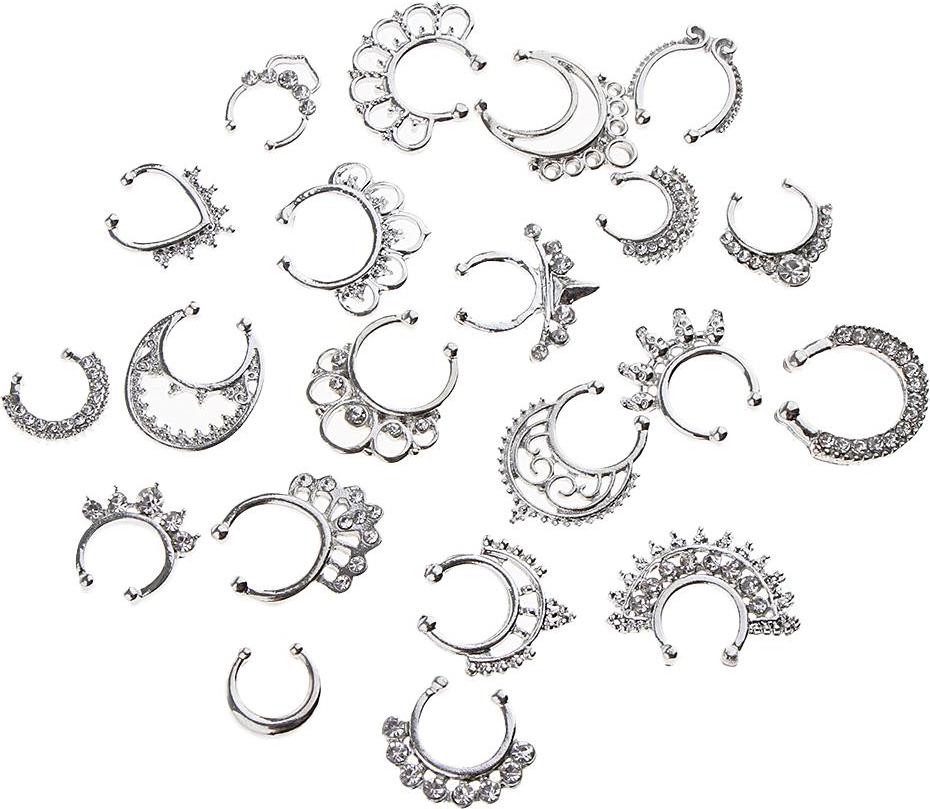 21 Pieces Crystal Fake Septum Clicker Nose Ring Non-piercing Assorted Shape Illusion Piercing Nose Ring Loop