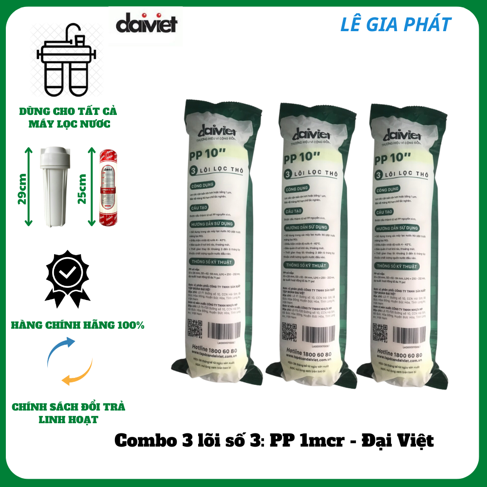 COMBO 3 LÕI LỌC NƯỚC SỐ 3 PP 10&quot; 1 MICRO - HÀNG CHÍNH HÃNG