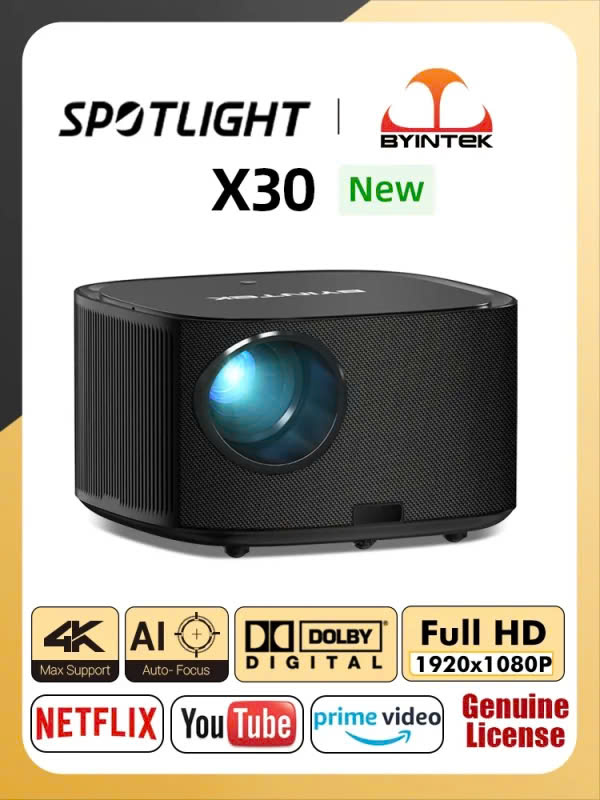 Máy chiếu mini thông minh BYINTEK X30 1080P Full HD, Tự động lấy nét,WIFI, LED, Home Cinema Projector - Hàng chính hãng
