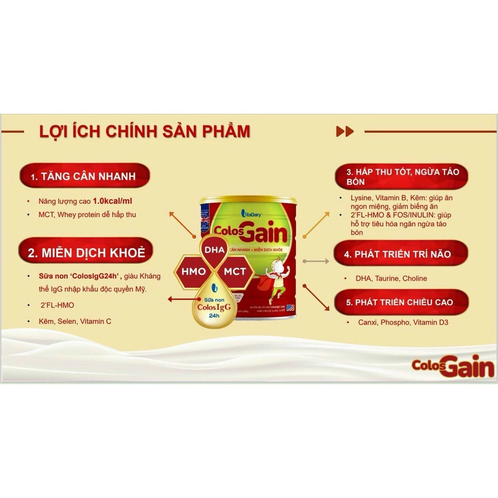 Sữa bột Vitadairy Colos Gain 1+ 800g từ 1 đến 10 tuổi