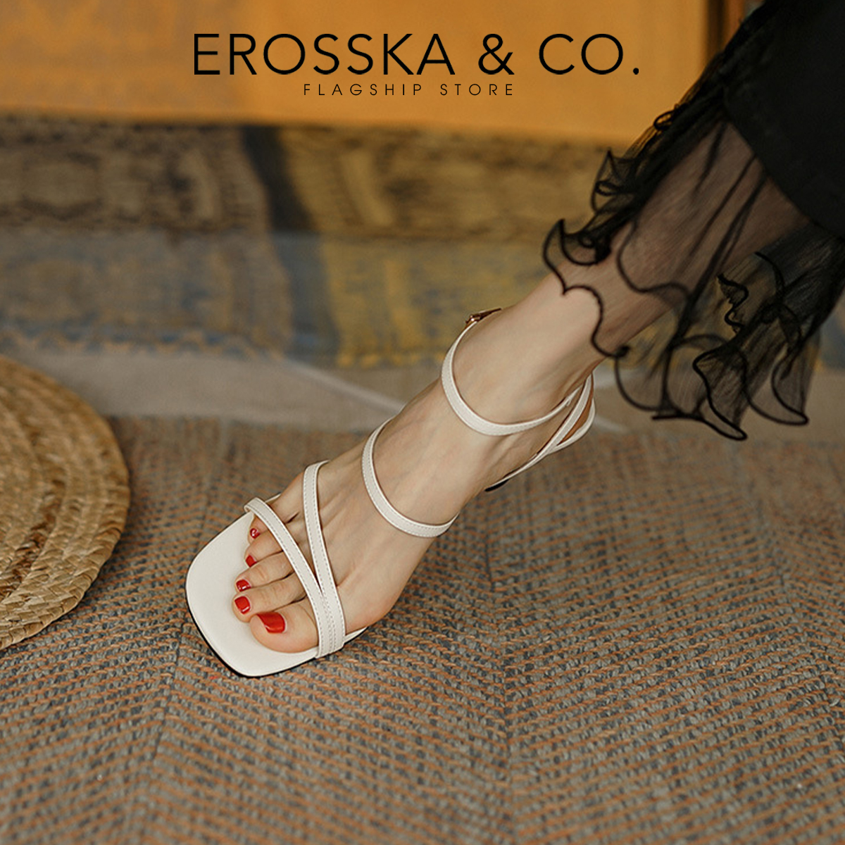 Erosska - Giày sandal cao gót hở mũi phối dây quai mảnh cao 7cm - EB057