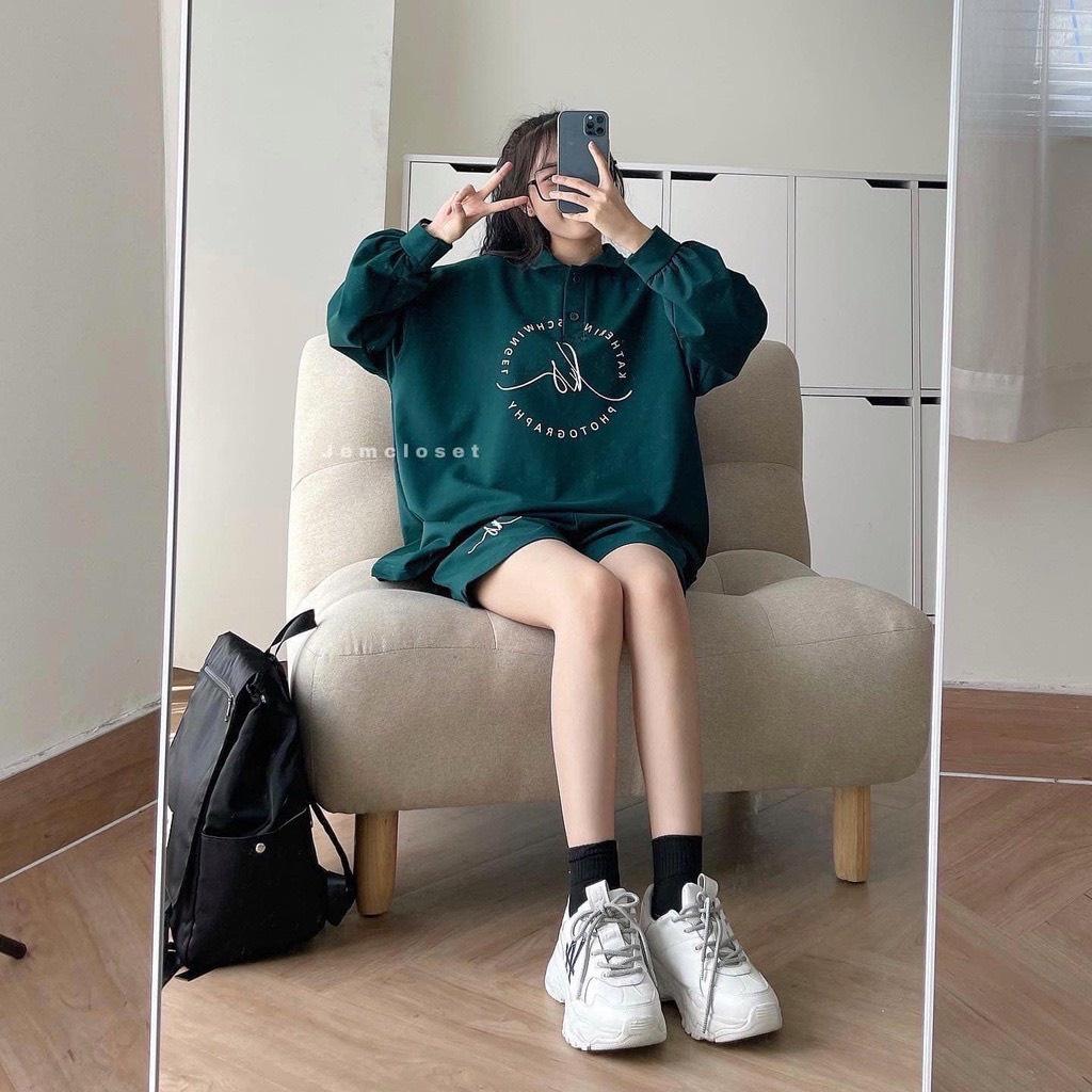 Set đồ nam nữ form rộng unisex-áo polo dài tay cúc cài kèm quần short đùi logo chất thun tăm