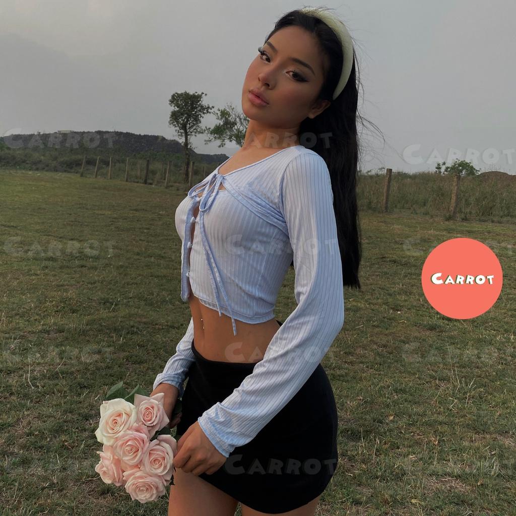 Croptop tay dài xanh chân váy đen basic ôm eo cột dây tôn dáng chất thun trendy thời trang nữ carrotxinhdep