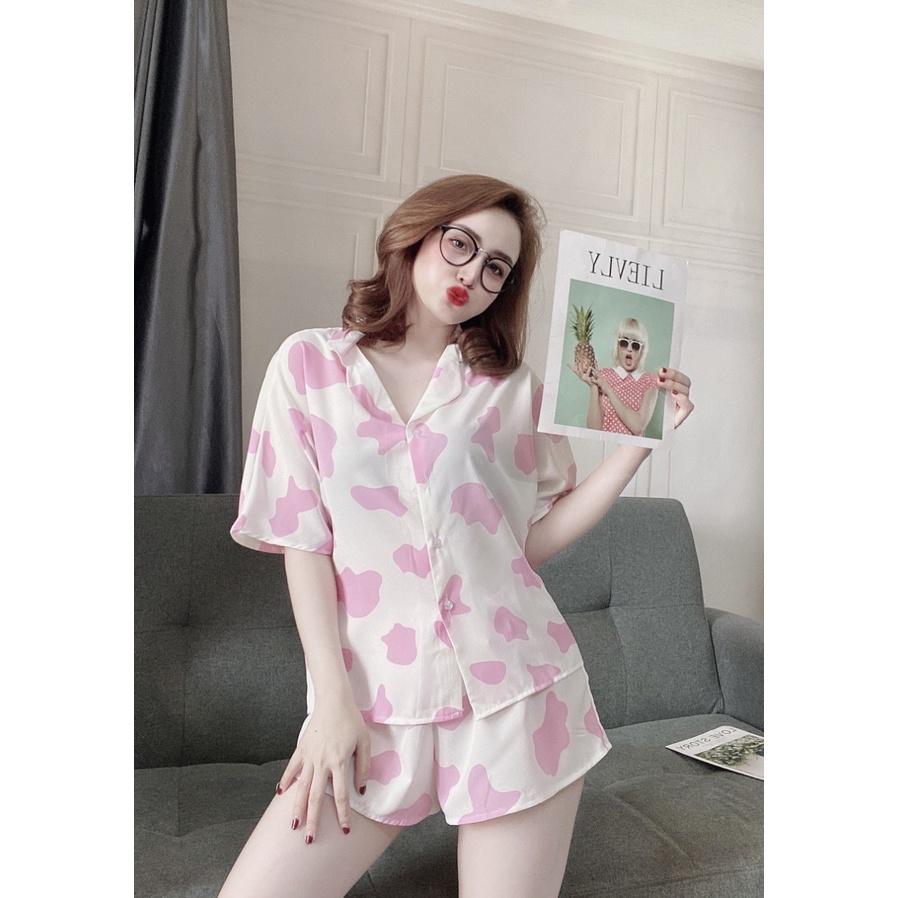 Đồ Ngủ Sexy Nữ, Đồ Ngủ Nữ Pijama Cánh Dơi Hoa Văn Bò Chất Satin Dưới 60Kg