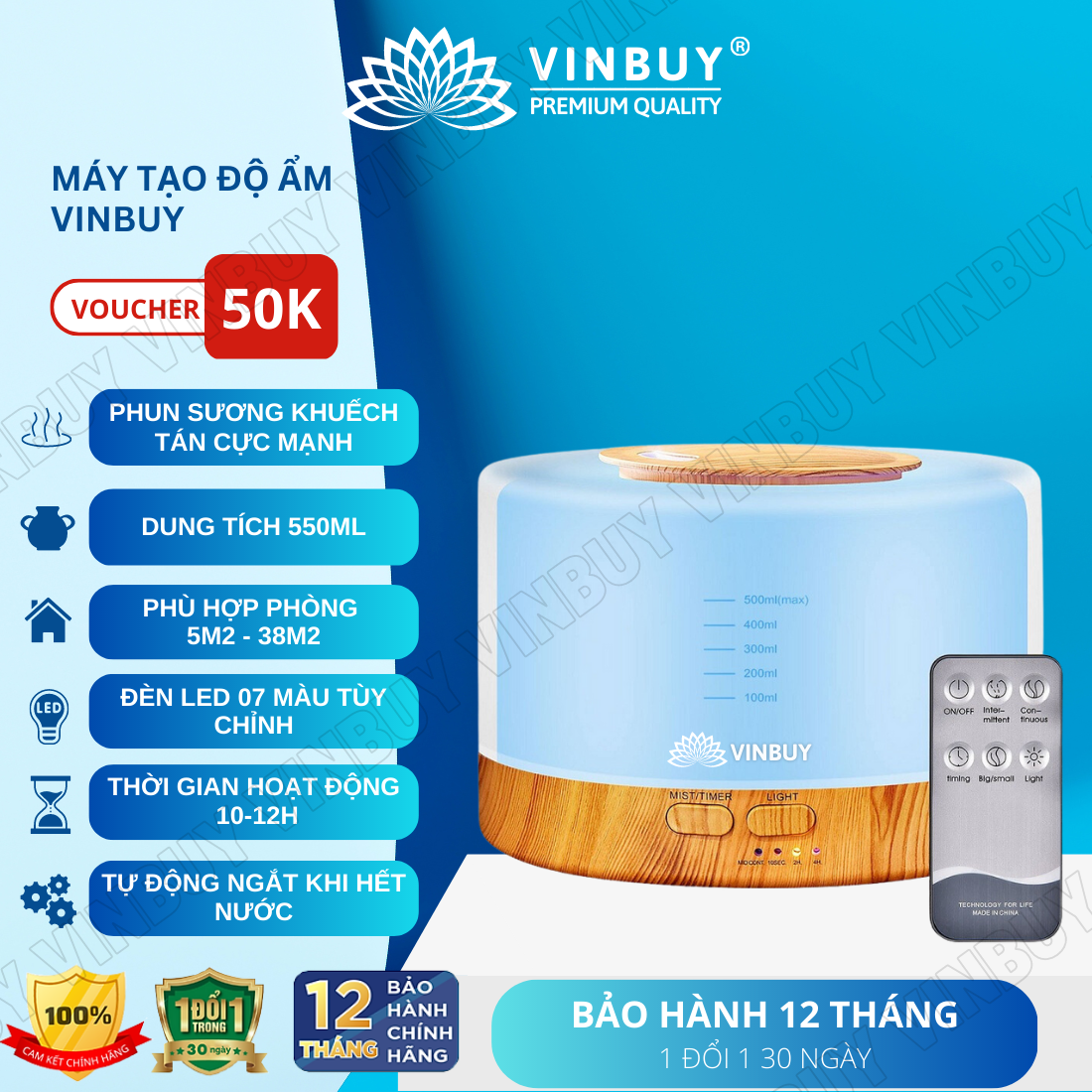 Máy phun sương VINBUY tạo độ ẩm, xông tinh dầu phòng ngủ, cấp ẩm cho da, phòng điều hòa, dung tích lớn led 07 màu - Hàng chính hãng