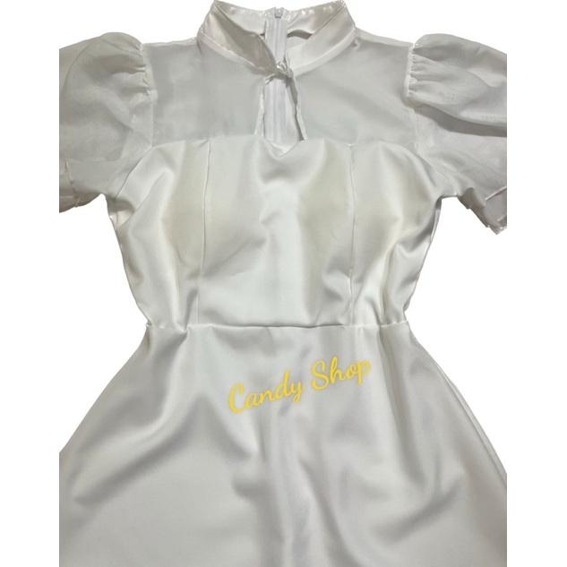 Đầm xoè dự tiệc cổ tàu phối voan tay cánh tay 2 lớp