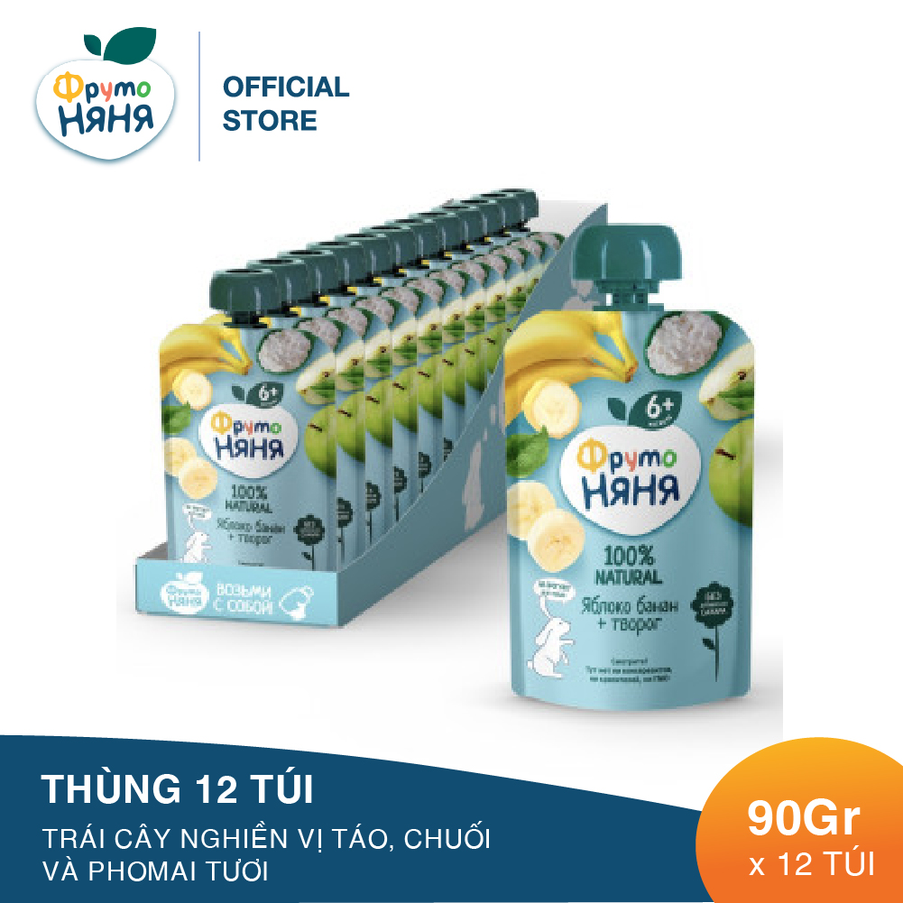 Thùng 12 Gói Trái cây nghiền vị táo, chuối và phomai tươi Fruto Nyanya 90g