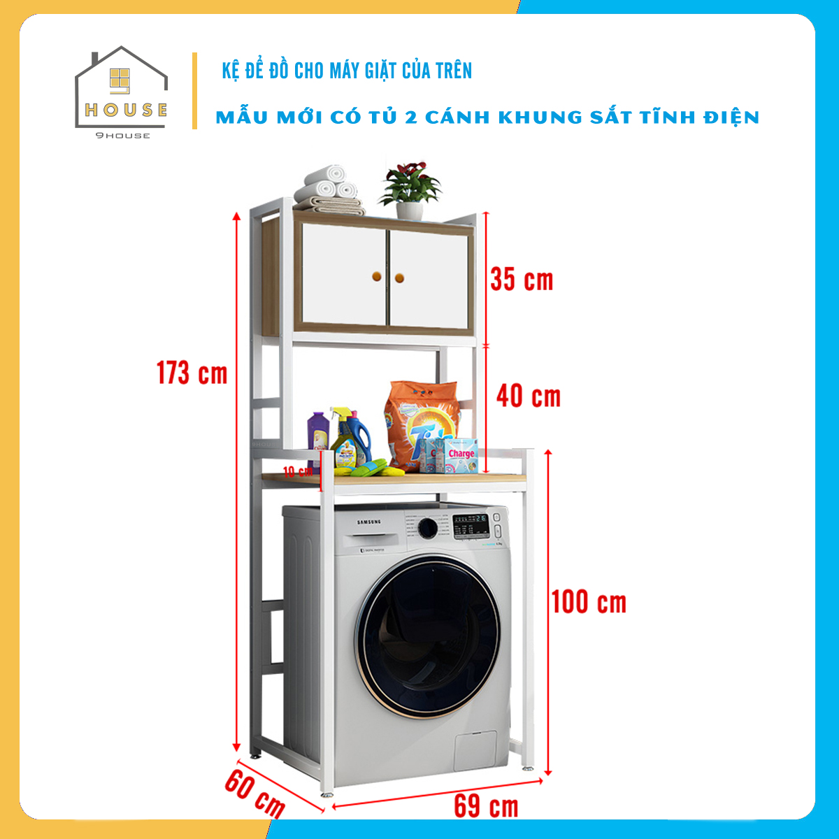 Kệ máy giặt 3 tầng Có Tủ KMG06 thương hiệu 9House,kệ để đồ trên máy giặt loại khung thép dày dặn sơn tĩnh điện chống bong tróc, gỗ lõi xanh phủ melamine chống nước cực bền, ,Sản xuất tại Việt Nam - Hàng chính hãng