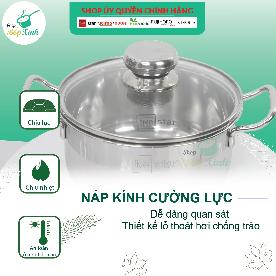 Nồi inox 430 bếp từ 3 đáy Sandwich  FiveStar 24cm nắp kính