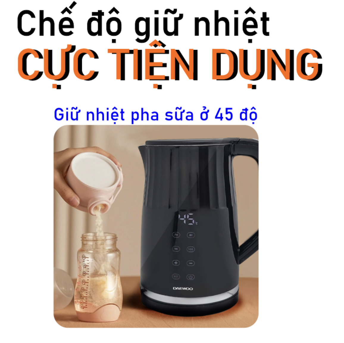 Ấm đun siêu tốc Daewoo 1.7L DWK-17DGT Hàng Chính Hãng điều khiển cảm ứng, chỉnh nhiều mức nhiệt, bảo hành 2 năm