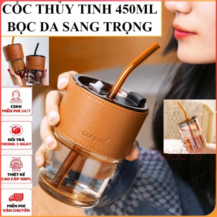 Cốc thuỷ tinh vỏ da có nắp và ống hút,đẹp dung tích 450ml