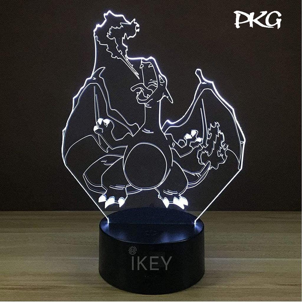 Đèn Ngủ Led 3D Hình Charizard Pokemon Quà Tặng Trang Trí cảm ứng có Điều khiển từ xa nháy sáng 16 màu