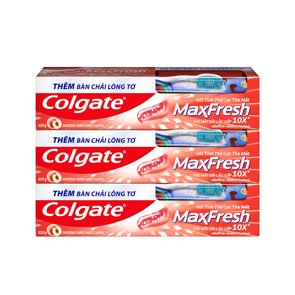 Bộ 3 Kem đánh răng Colgate MaxFresh Hương Đào Mát Lạnh 225g tặng kèm bàn chải