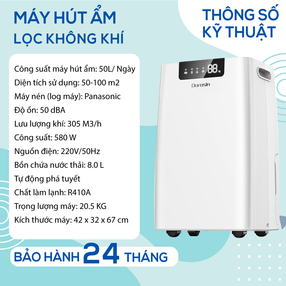 Máy hút ẩm gia dụng chính hãng Dorosin ER-650E (80m2)/Công suất hút ẩm 50lít/ngày/Cảm ứng điện tử thông minh