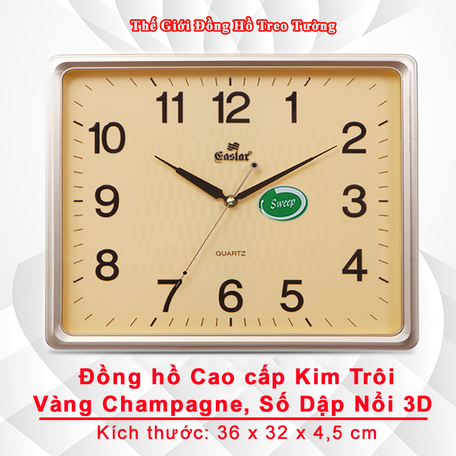 Đồng Hồ Treo Tường Cao Cấp EASTAR Mặt VÀNG Viền MỎNG – Máy KIM TRÔI – Số Nổi 3D – Tặng Pin Maxell – BH 1 Năm