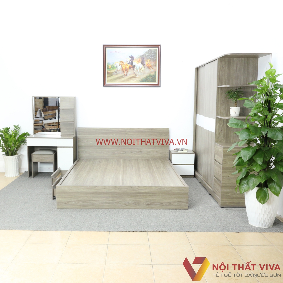 Bộ Combo Phòng Ngủ Gỗ MDF Melamine Màu Xám Phối Trắng Đẹp Hiện Đại