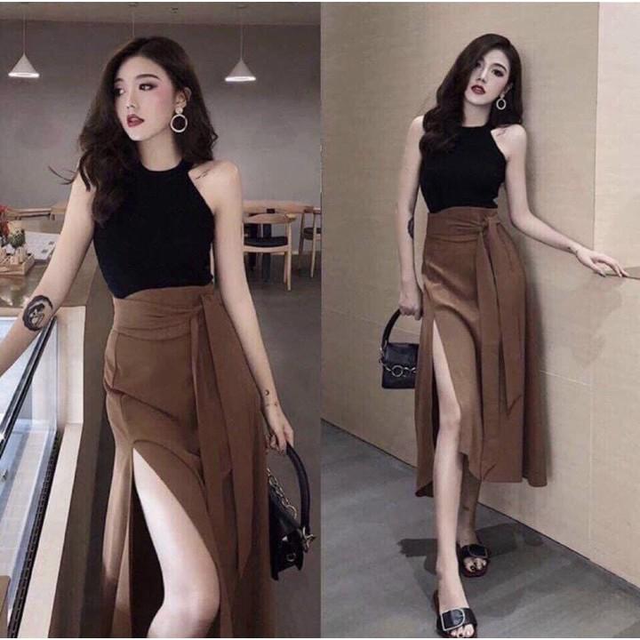 SÉT BỘ ÁO BA LỖ KÈM CHÂN VÁY XẺ ĐÙI SANG CHẢNH
