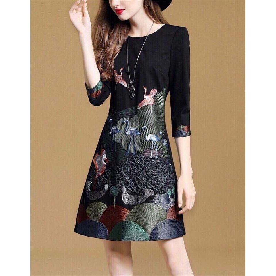 ĐẦM SUÔNG THÊU CHIM HẠC CAO CẤP (kèm hình chụp thật sp) - shop Thảo Tiên