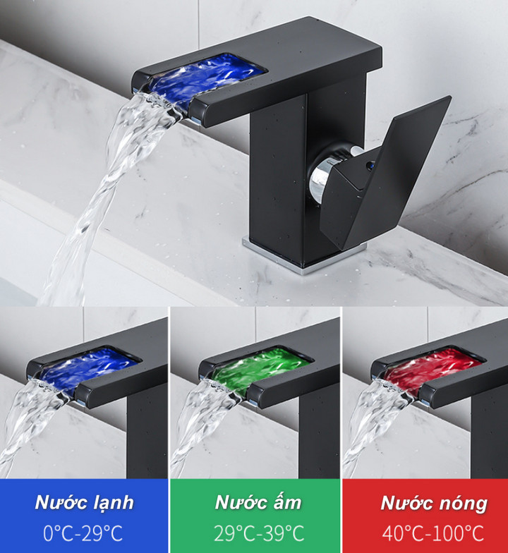 Bộ Vòi Nước Lavabo rửa tay đèn led Đổi Màu theo nhiệt độ Latrava Black LED - hàng cao cấp